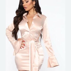 Fashion Nova Blush Satin Long Sleeve Dress